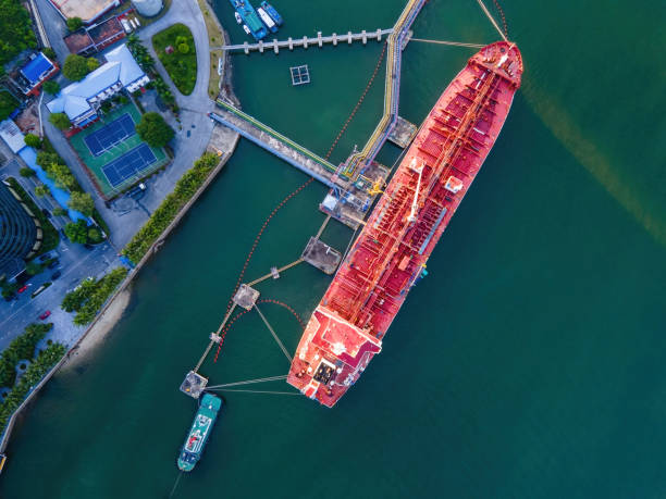 Aerial view Oil ship tanker to loading dock for load or unload oil to refinery on the sea.